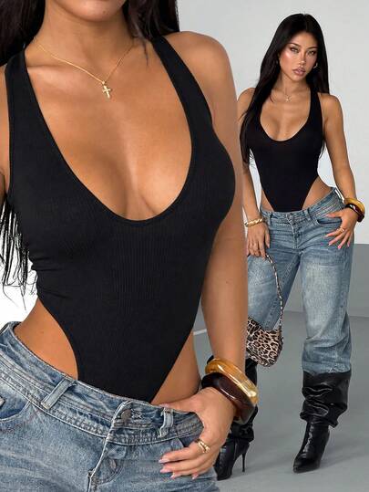 AITYI Studio Women's Spaghetti Strap Bodysuit, Casual Black V-Neck Fashion Sexy Slim Fit For Daily, Outdoor, Commute, Chic Indie Style, Suitable For Holidays, Beach Parties, Music Festivals, Well Fit