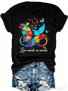 Women's Black Short-Sleeved T-Shirt With Butterfly Puzzle Print, Round Neck, Soft And Micro-Elastic Casual Design, Cool And Breathable, With Attractive Personality, Urban Bohemian Style, Retro, Suitable For Daily Comfort And Relaxation. - 黑色 - 查看 1