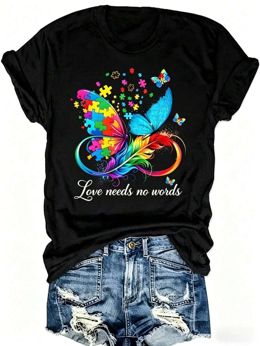 Women's Black Short-Sleeved T-Shirt With Butterfly Puzzle Print, Round Neck, Soft And Micro-Elastic Casual Design, Cool And Breathable, With Attractive Personality, Urban Bohemian Style, Retro, Suitable For Daily Comfort And Relaxation. - 黑色 - 查看 1