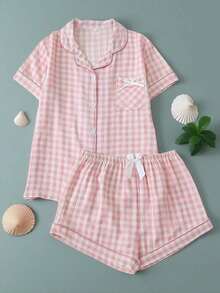 Set de 2 piezas de ropa de dormir de verano para mujer: top de manga corta y shorts, ropa casual y cómoda para el hogar y uso casual - Rosa - Ver 9