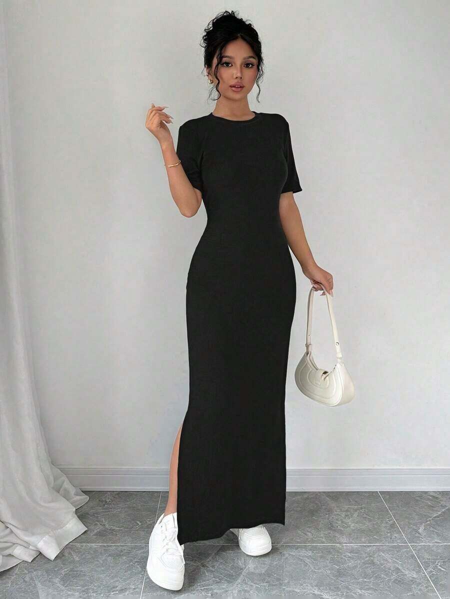 Vestido largo de mujer de unicolor con cuello en V, bajo con abertura, manga corta - Vestido maxi de mujer ajustado - Vestido de mujer elegante y clásico de alta calidad - Negro - Ver 1