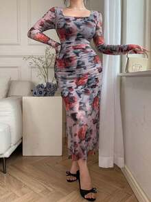 Vestido con estampado floral de primavera y verano, vestido elegante de manga larga transparente con dobladillo de sirena ajustado para festival de música, boda, fiesta, vestido de paseo - Rojo - Ver 6