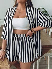 2 piezas Conjunto de talla grande Chaqueta de manga corta con estampado de leopardo, casual y de moda para uso diario - Blanco y Negro - Ver 6