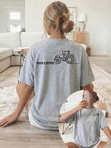 Summer Tops[Double-Sided Print] Women's T-Shirt, Short-Sleeved Round-Neck Casual Top, Featuring A Tractor Graphic With The Text "Thank A Farmer." Mach - 灰色 - 查看 11