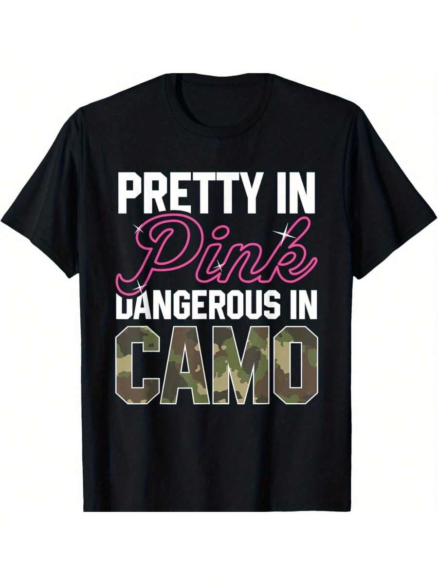 [Fast Arrival] Interesting Pink Camouflage Print Hunting T-Shirt, Unisex, Soft, Breathable And Comfortable Fabric, Short Sleeve Black T-Shirt, A Must-Have Fashion Item For Autumn, Cool Summer Clothes For Women. - 黑色 - 查看 1