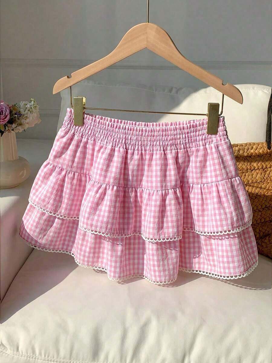 Falda pantalón para mujeres para conciertos campestres, blanca, de tejido, con cintura elástica y volantes en el bajo con silueta evasé - Rosa - Ver 1