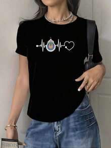 Heartbeat Logo Print Design, Unisex Slim Fit, Short Sleeves With A Crew Neck, Exclusive, Sophisticated, And Elegant Design, Made Of Pure Cotton, Breathable For Everyday Wear, Suitable For Campus In The Summer And Casual Wear In Spring/Autumn. Loose-Fitting, Casual, And Versatile T-Shirt - 黑色 - 查看 8