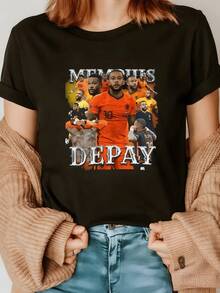 Image Of Players United In Sportsmanship With Orange Tones That Evoke Passion, Strength And National Pride; Modern, Comfortable Casual Women's T-Shirt For Everyday Wear - 黑色 - 查看 8