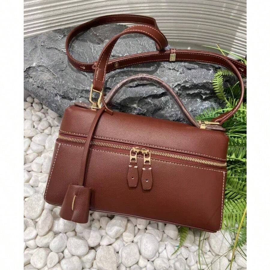 L23 Minimalist Solid Color Boxy Handbag For Women Elegant Smooth Faux Leather Top Handle Bag Luxury Design Structured Crossbody Purse With Adjustable Strap Versatile Daily Travel Satchel - 紅棕色金扣(L23荔枝紋) - 查看 1