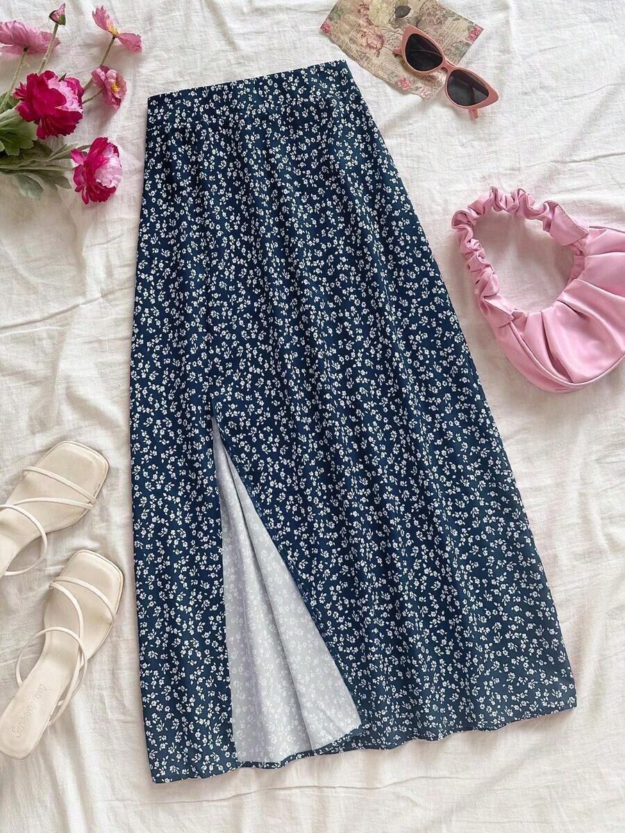 Falda casual con abertura en el bajo y estampado floral diminuto para mujer - Azul marino - Ver 1