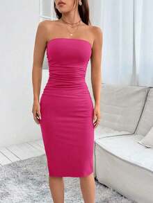 Vestido Con Abertura Sin Tirantes - Rosa Fucsia - Ver 5