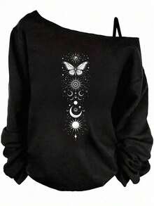 Camiseta de manga larga con hombros caídos, suelta y casual, para primavera y otoño - Negro 2 - Ver 8
