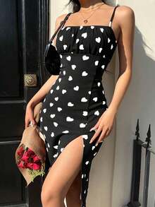 Vestido Largo De Verano Con Tirantes Finos Con Diseño De Flores Pequeñas Y Aberturas Laterales En El Muslo - Blanco y Negro - Ver 6