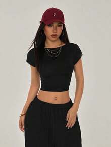 Camiseta negra con espalda abierta, adecuada para talla pequeña, para verano - Negro - Ver 2