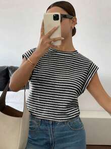 Camiseta casual de mujer con estampado de lunares, verano - Blanco y Negro - Ver 6