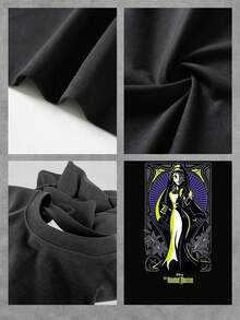 Mysterious Figure In A Long Dress Illuminated By Purple And Green Tones Symbolizes Elegance And Inner Power In An Enchanted Atmosphere; Comfortable Casual Women's T-Shirt For Everyday Wear - 黑色 - 查看 4