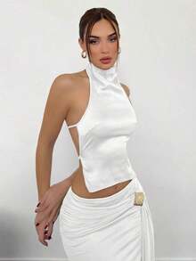 Top de satén sin espalda con cuello alto para mujer, ideal para fiestas - Blanco - Ver 4