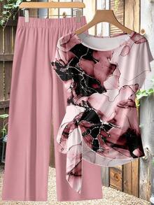 Conjunto de 2 piezas de estilo minimalista casual con camisa de mujer en color gris caqui con patrón floral abstracto de efecto dorado y lazo, y pantalones rectos holgados en color caqui, adecuado para primavera y verano, de estilo vintage - Multicolor 8 - Ver 6