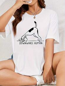 Women's Cotton T-Shirts With Round Neck, Casual, With Exercise Dog Print, Spotted Dog Practicing Yoga, Loose And Comfortable Plus Size T-Shirt For Women, Tops For Work, Going Out And Home, Plus Size Spring/Summer T-Shirt For Women, Simple T-Shirt For Everyday Wear. - 白色 - 查看 1