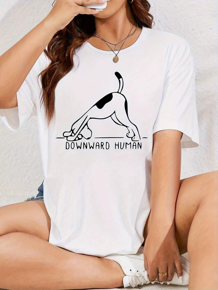 Women's Cotton T-Shirts With Round Neck, Casual, With Exercise Dog Print, Spotted Dog Practicing Yoga, Loose And Comfortable Plus Size T-Shirt For Women, Tops For Work, Going Out And Home, Plus Size Spring/Summer T-Shirt For Women, Simple T-Shirt For Everyday Wear. - 白色 - 查看 1