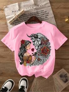Women's Best-Selling T-Shirt With An Artistic Lion And Rose Print, Short Sleeves, And A Round Neck. Casual, Comfortable, Stylish, And Versatile, Suitable For Spring, Summer, And Autumn. Features An Optimistic Design And Stretchy Fabric. - 羅莎 - 查看 1