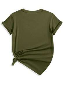 Women's Short-Sleeved T-Shirt With Cartoon Cat Print, Fashionable, For Work - 綠色軍隊 - 查看 2