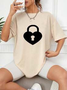 Women's T-Shirt Heart Block Print Spring Summer Casual Loose Round Neck Short Sleeve - 杏 - 查看 6