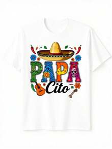Papacito Mexican T-Shirt - Short-Sleeved, Crew-Neck T-Shirt With A Mexican Hat And Maracas Design. Soft And Breathable, Suitable For Parties And Casual Everyday Wear. Makes A Great Gift For Dads. Machine Washable. Circus-Themed T-Shirt, Ideal For Matching Family Outfits, Perfect For Parties And Family Vacations, Everyday Wear, Summer Wear, Outdoor Playwear, Warm-Weather Clothing, And Great For Everyday Wear And Gifts. - 白色 - 查看 1