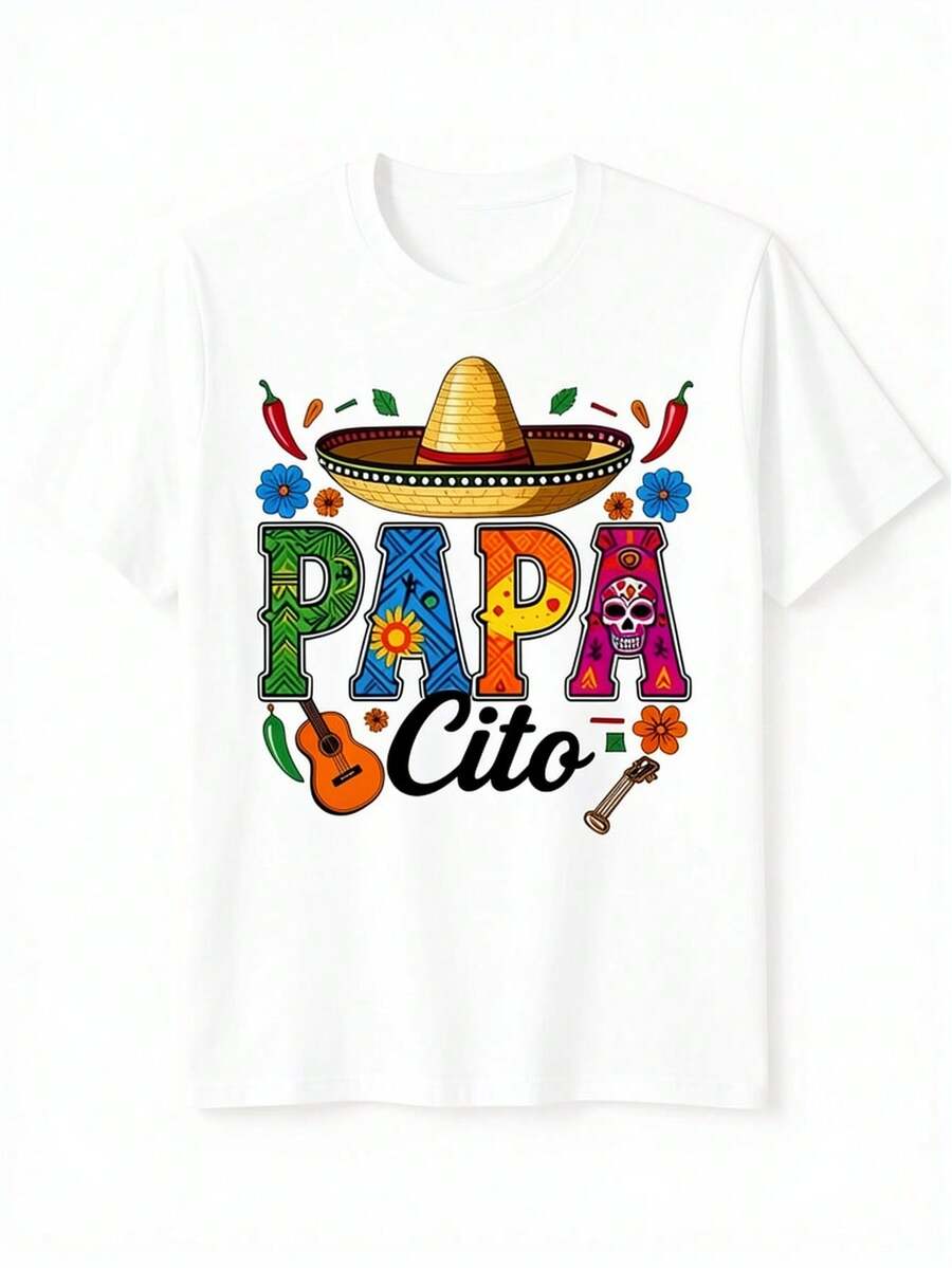 Papacito Mexican T-Shirt - Short-Sleeved, Crew-Neck T-Shirt With A Mexican Hat And Maracas Design. Soft And Breathable, Suitable For Parties And Casual Everyday Wear. Makes A Great Gift For Dads. Machine Washable. Circus-Themed T-Shirt, Ideal For Matching Family Outfits, Perfect For Parties And Family Vacations, Everyday Wear, Summer Wear, Outdoor Playwear, Warm-Weather Clothing, And Great For Everyday Wear And Gifts. - 白色 - 查看 1