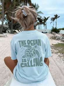 Women's Crew Neck T-Shirt With Summer Ocean Life Letter Print, Graphic Tee, White, Black, Pink Casual - 賽萊斯特 - 查看 1