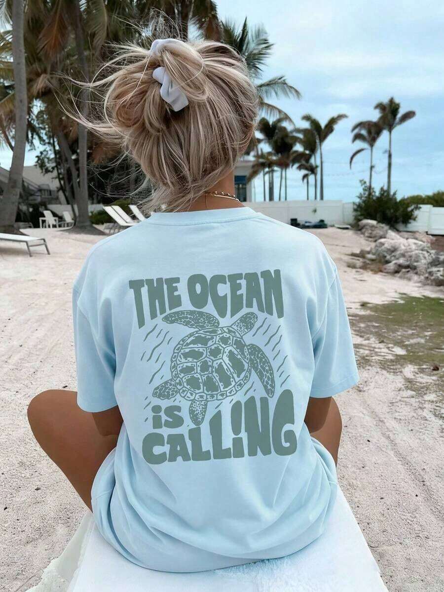 Women's Crew Neck T-Shirt With Summer Ocean Life Letter Print, Graphic Tee, White, Black, Pink Casual - 賽萊斯特 - 查看 1
