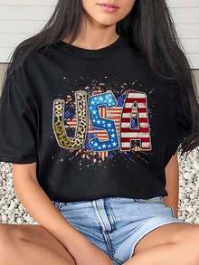 1 Piece Women's T-Shirt With Leopard And US Flag Print, Casual Graphic Tee For Everyday Wear, Round Neck, Short Sleeve, Soft And Comfortable, 220g/180g, 100% Cotton - 黑色 - 查看 6