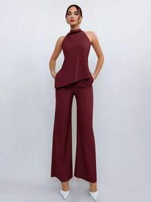 Conjunto de 2 piezas de top de cuello halter y pantalones en color café para mujer, estilo de uso diario - Burdeos - Ver 5