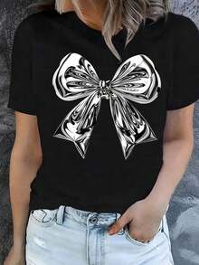 Women's White T-Shirt With Large Bow Print, Metallic Silver Effect, Short Sleeve Round Neck T-Shirt, Coquette And Modern Style, Summer Fashion 2026 - 黑色 - 查看 1