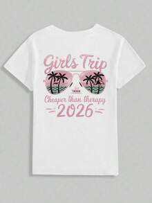 Camiseta con Gráficos Frontales y Traseros para Viaje de Chicas 2026, Estilo Vacaciones en la Playa con Palmeras y Gafas de Sol, Adecuada para Vacaciones de Verano, Top Casual de Manga Corta de Color Sólido para Mujer, Diseño de Cuello Redondo, Gráficos de Doble Cara en Negro. - Blanco - Ver 3