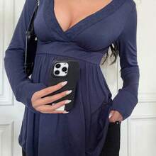 Sunshine Girl Sexy Fitted V-Neck Long Sleeve Knit Top, Casual Streetwear And Homewear For Summer Pink Spring - Azul Marino - Ver 11