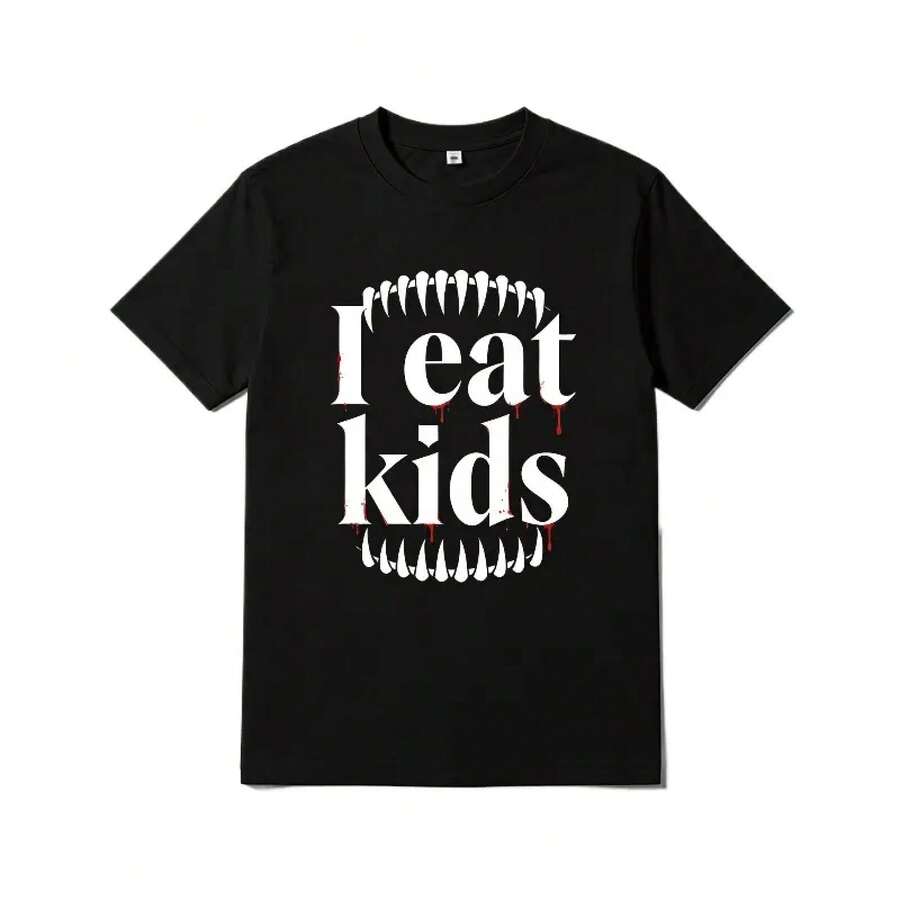 Bold Graphic Tee With The Phrase 'Like Kids', Halloween Inspired Design, Unique Streetwear For Teens, Casual Fashion. - 黑色 - 查看 1