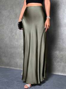 Falda de estilo de cola de sirena de unicolor para mujer, falda de satén, falda larga elegante, adecuada para fiestas y uso diario - Verde - Ver 4