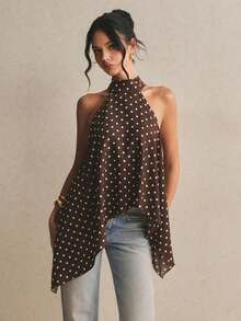 Blusa elegante de cuello halter con lunares para mujeres - Café integral 2 - Ver 5