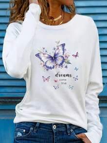 Camiseta blusa blanca con mariposas y flores - Top de manga larga y cuello redondo de ajuste holgado con aplique de flor pegada, lavable a máquina, apta para todas las estaciones, ropa casual de vacaciones para primavera, verano, otoño, prenda para superponer - [Blanco] - Ver 6