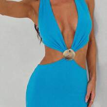 Women's Sexy Beach Vacation Deep V Metal Shell Buckle Decor Backless Fitted Long Dress, Blue - Beis - Ver 7
