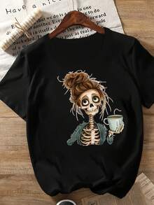 Temática de Festival: Camiseta Estampada de Manga Corta para Mujer: Calavera - Negro - Ver 7