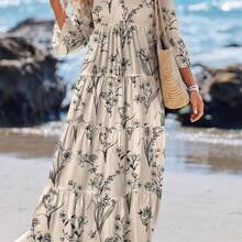 Casual Floral Pattern V-Neck Long Sleeve Pleated Dress For Women, Suitable For Autumn Blue And White Floral Dress Chic Dress,Vacation - Beis - Ver 2