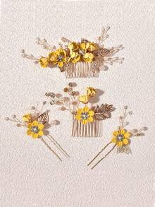 Set de 2 peines de flores y 2 pinzas para el cabello, accesorios para el cabello nupcial con perlas y rhinestones florales dulces, peine para el cabello, tocado, verano, vacaciones, viaje, festival, cumpleaños - Blanco - Ver 7