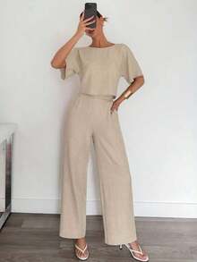 2 piezas Conjunto casual de mujer con camisa y pantalones plisados de unicolor - Albaricoque - Ver 4