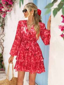 Vestido mini casual de mujer con estampado floral para vacaciones - Rojo - Ver 4