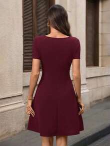 Vestido mini elegante y chic de mujer con unicolor, decoración de botones y encaje en la cintura, para el verano - Rojo - Ver 2