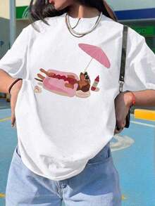 Oversized T-Shirt With A Fun Print Of A Dachshund On A Hot Dog At The Beach, Y2K Aesthetic Cute Animal Graphic Style, Creative Summer Casual Top, Cotton T-Shirt For Pet Lovers, For Everyday Wear And Outings, Unique Style For Men And Women - 白色的 - 查看 1