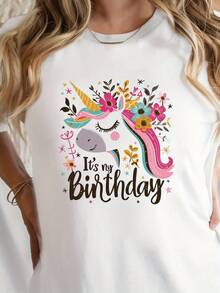 Camiseta Casual de Verano para Mujer - Camiseta de Cumpleaños con Unicornio para Mujer - Cómoda camiseta casual de algodón puro con cuello redondo, con estampado de unicornio y la impresión "G500" - Adecuada tanto para atuendos de fiesta y cumpleaños como para uso diario - Camiseta elegante con temática de unicornio, lavable a máquina. - Blanco - Ver 7
