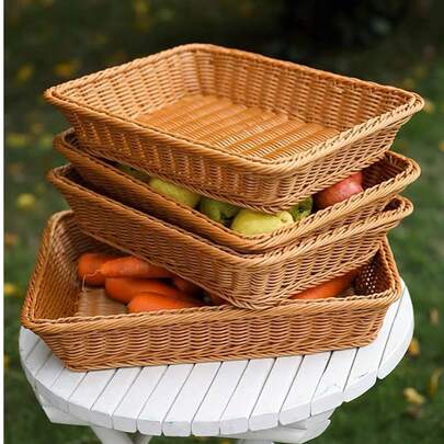1/3件装多功能方形编织收纳篮 - 藤编设计，适合存放水果、零食、餐具、鲜花和杂物，可作置物架装饰，家居装饰
